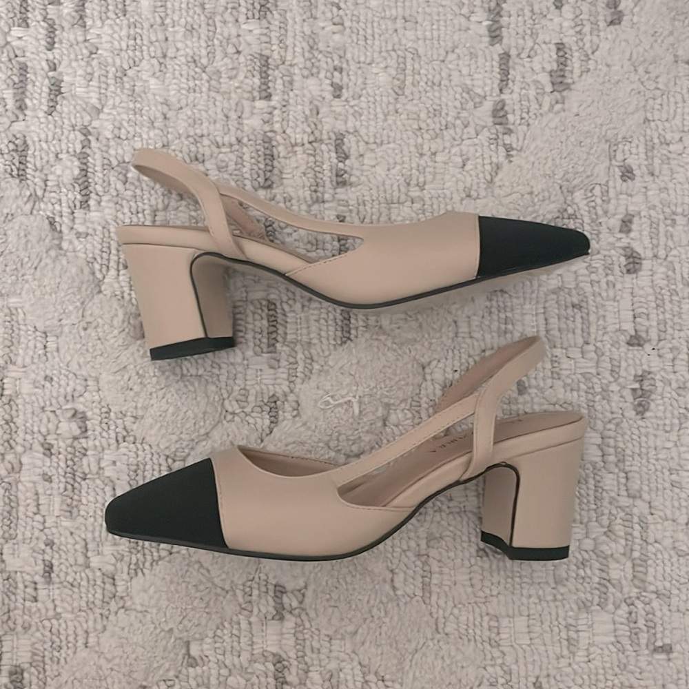 Nude black cap toe slingback heels